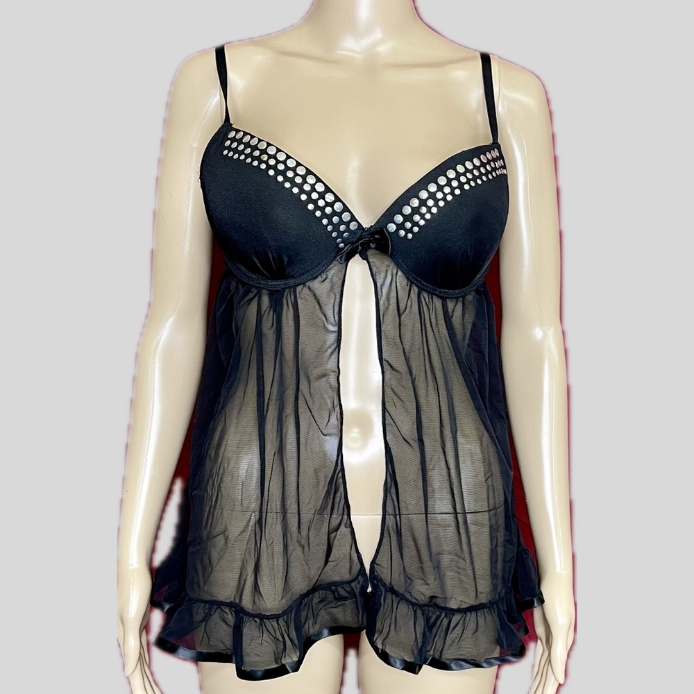 True Desire Black Sheer and Studded Negligee Size Large